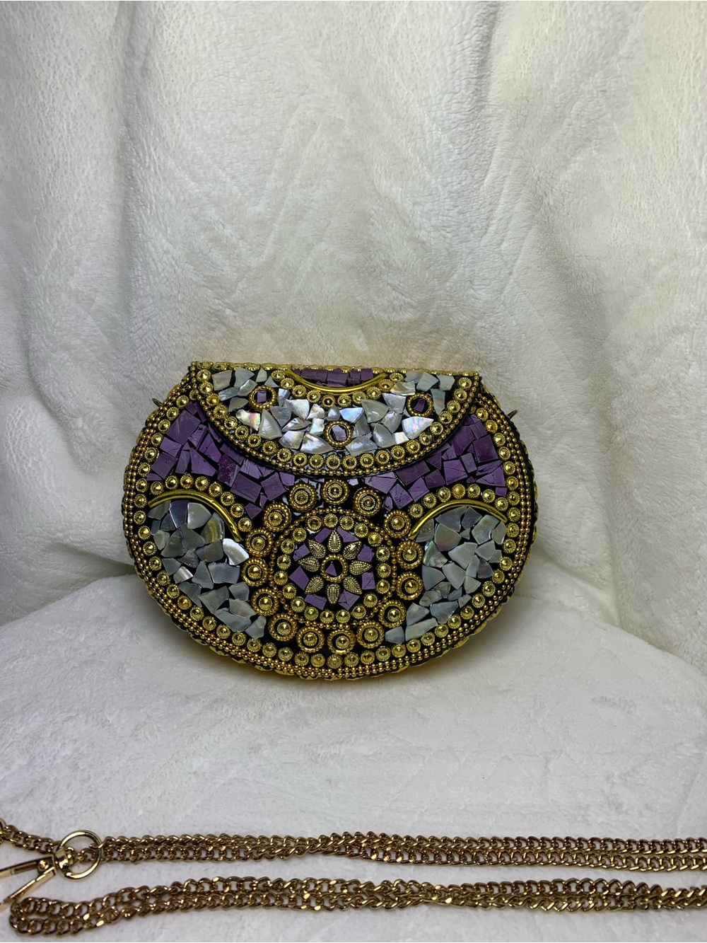 Handcrafted Purple and Gold Mosaic Crossbody Clutch